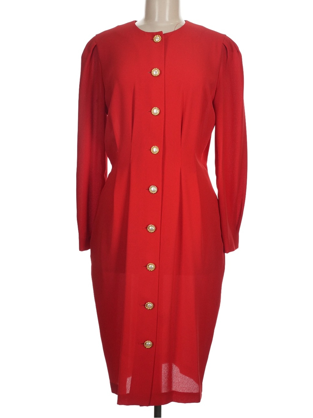 Elegant Vintage MS Chaus Red Pearl Button Front Midi Dress Estimated Size 8